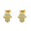 Oro Laminado Stud Earring, Gold Filled Style Hand of God and Evil Eye Design, with White Micro Pave, Polished, Golden Finish, 02.342.0163