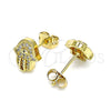 Oro Laminado Stud Earring, Gold Filled Style Hand of God and Evil Eye Design, with White Micro Pave, Polished, Golden Finish, 02.342.0163