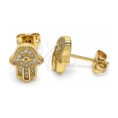 Oro Laminado Stud Earring, Gold Filled Style Hand of God and Evil Eye Design, with White Micro Pave, Polished, Golden Finish, 02.342.0163