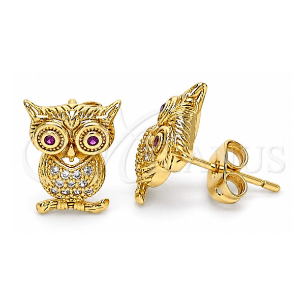 Oro Laminado Stud Earring, Gold Filled Style Owl Design, with White and Ruby Micro Pave, Polished, Golden Finish, 02.342.0171