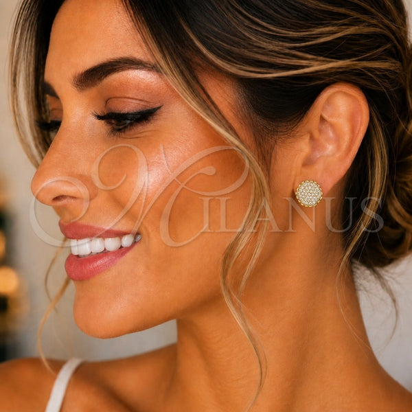 Oro Laminado Stud Earring, Gold Filled Style with White Micro Pave, Polished, Golden Finish, 02.342.0172