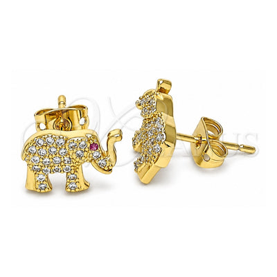 Oro Laminado Stud Earring, Gold Filled Style Elephant Design, with White and Ruby Micro Pave, Polished, Golden Finish, 02.342.0174