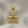 Oro Laminado Fancy Pendant, Gold Filled Style Teddy Bear and Heart Design, with White and Black Micro Pave, Polished, Golden Finish, 05.342.0032