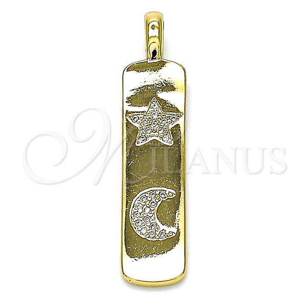 Oro Laminado Fancy Pendant, Gold Filled Style Star and Moon Design, with White Micro Pave, Polished, Golden Finish, 05.342.0040