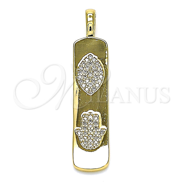 Oro Laminado Fancy Pendant, Gold Filled Style Evil Eye and Hand of God Design, with White Micro Pave, Polished, Golden Finish, 05.342.0045