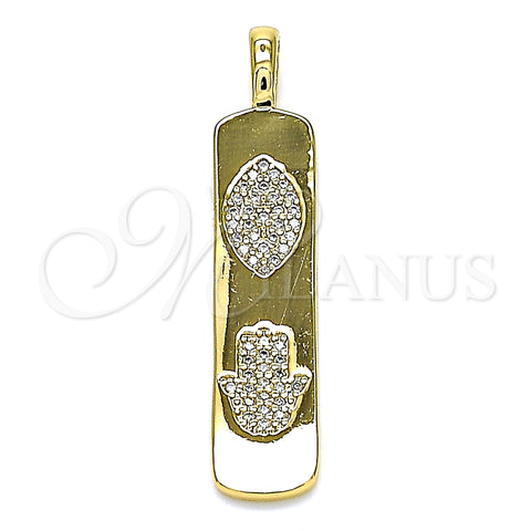 Oro Laminado Fancy Pendant, Gold Filled Style Evil Eye and Hand of God Design, with White Micro Pave, Polished, Golden Finish, 05.342.0045