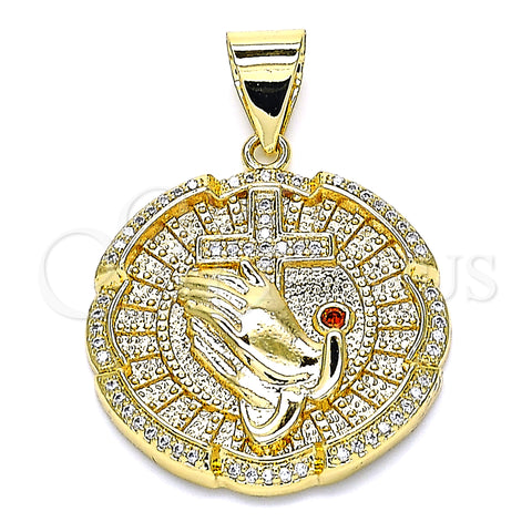 Oro Laminado Religious Pendant, Gold Filled Style Praying Hands and Cross Design, with White Micro Pave and Garnet Cubic Zirconia, Polished, Golden Finish, 05.342.0055