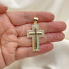 Oro Laminado Religious Pendant, Gold Filled Style Cross Design, with White Micro Pave, Polished, Golden Finish, 05.342.0059