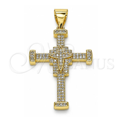 Oro Laminado Religious Pendant, Gold Filled Style Cross Design, with White Micro Pave, Polished, Golden Finish, 05.342.0060