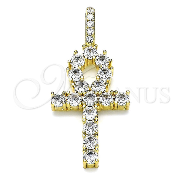 Oro Laminado Religious Pendant, Gold Filled Style Cross Design, with White Cubic Zirconia, Polished, Golden Finish, 05.342.0066