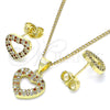Oro Laminado Earring and Pendant Adult Set, Gold Filled Style Heart Design, with Garnet and White Micro Pave, Polished, Golden Finish, 10.199.0156.1