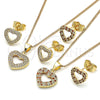 Oro Laminado Earring and Pendant Adult Set, Gold Filled Style Heart Design, with Garnet and White Micro Pave, Polished, Golden Finish, 10.199.0156.1