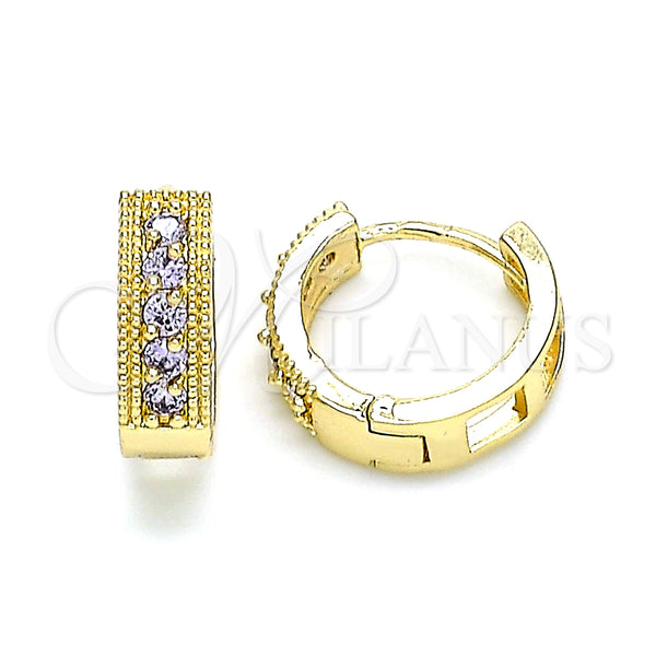 Gold Filled Hoop Earrings — Huggie Hoop with Amethyst Cubic Zirconia Polished 02. — main product view — SKU 146198 | Oro Laminado aretes de aro — Huggie Hoop with Amethyst Cubic Zirconia pulido 02. — SKU 146198