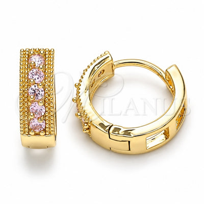 Oro Laminado Huggie Hoop, Gold Filled Style with Pink Cubic Zirconia, Polished, Golden Finish, 02.210.0635.4.15