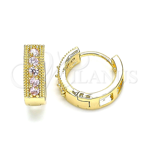 Gold Filled Hoop Earrings — Huggie Hoop with Pink Cubic Zirconia Polished 02. — main product view — SKU 146199 | Oro Laminado aretes de aro — Huggie Hoop with Pink Cubic Zirconia pulido 02. — SKU 146199