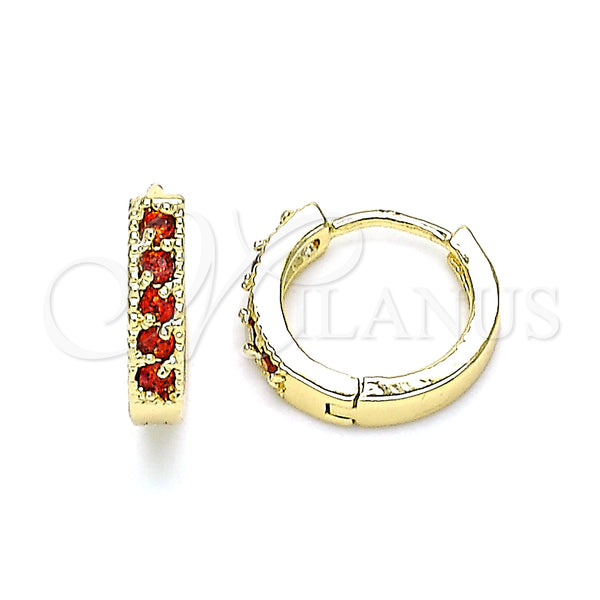 Gold Filled Hoop Earrings — Huggie Hoop with Garnet Cubic Zirconia Polished 02. — main product view — SKU 146221 | Oro Laminado aretes de aro — Huggie Hoop with Garnet Cubic Zirconia pulido 02. — SKU 146221