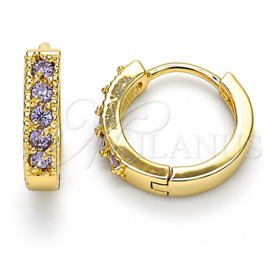 Oro Laminado Huggie Hoop, Gold Filled Style with Amethyst Cubic Zirconia, Polished, Golden Finish, 02.210.0637.3.12