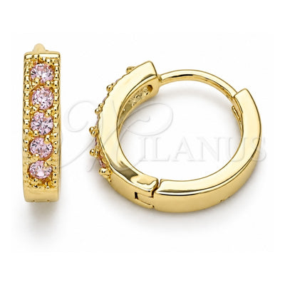 Oro Laminado Huggie Hoop, Gold Filled Style with Pink Cubic Zirconia, Polished, Golden Finish, 02.210.0637.4.12