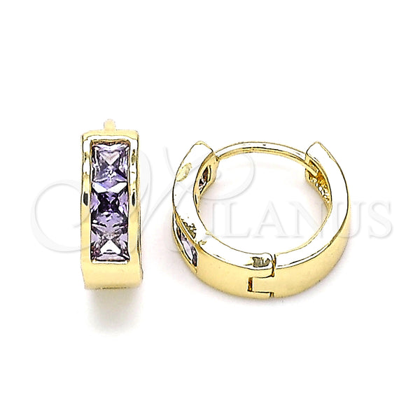 Gold Filled Hoop Earrings — Huggie Hoop with Amethyst Cubic Zirconia Polished 02. — main product view — SKU 146229 | Oro Laminado aretes de aro — Huggie Hoop with Amethyst Cubic Zirconia pulido 02. — SKU 146229