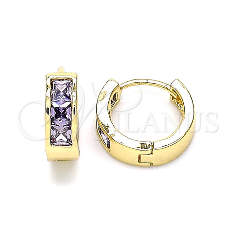 Oro Laminado Huggie Hoop, Gold Filled Style with Amethyst Cubic Zirconia, Polished, Golden Finish, 02.210.0638.3.12
