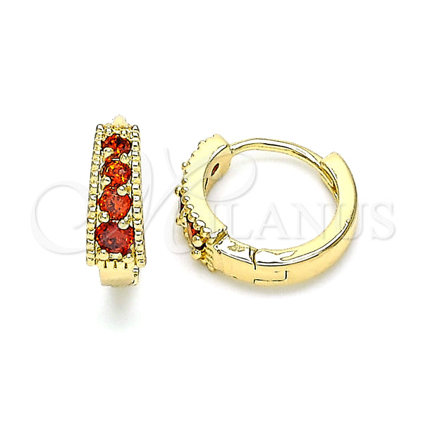 Gold Filled Hoop Earrings — Huggie Hoop with Garnet Cubic Zirconia Polished 02. — main product view — SKU 146233 | Oro Laminado aretes de aro — Huggie Hoop with Garnet Cubic Zirconia pulido 02. — SKU 146233