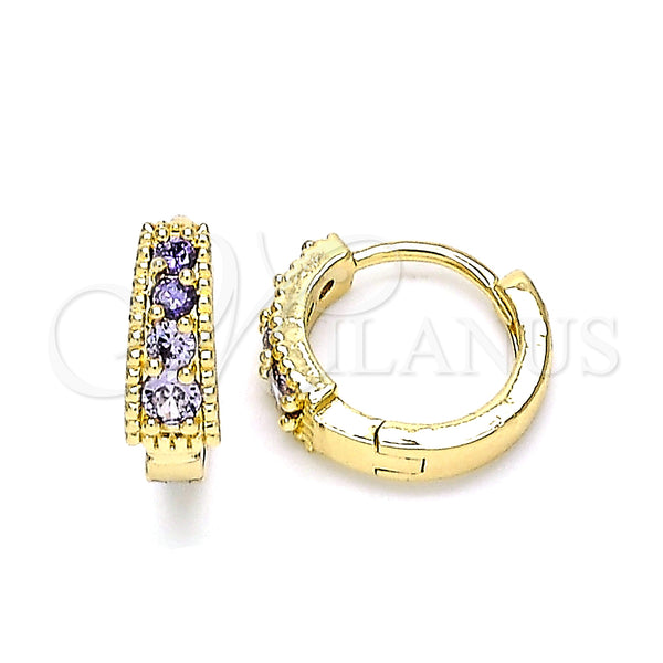 Gold Filled Hoop Earrings — Huggie Hoop with Amethyst Cubic Zirconia Polished 02. — main product view — SKU 146234 | Oro Laminado aretes de aro — Huggie Hoop with Amethyst Cubic Zirconia pulido 02. — SKU 146234