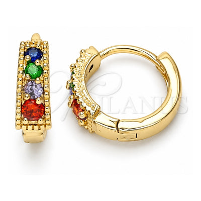 Oro Laminado Huggie Hoop, Gold Filled Style with Multicolor Cubic Zirconia, Polished, Golden Finish, 02.210.0639.4.12