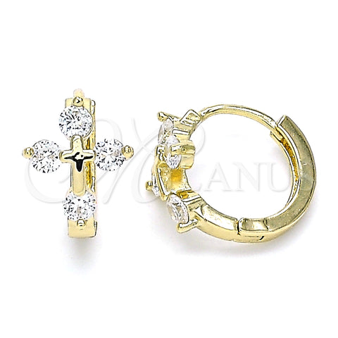 Oro Laminado Huggie Hoop, Gold Filled Style Cross Design, with White Cubic Zirconia, Polished, Golden Finish, 02.210.0645.15