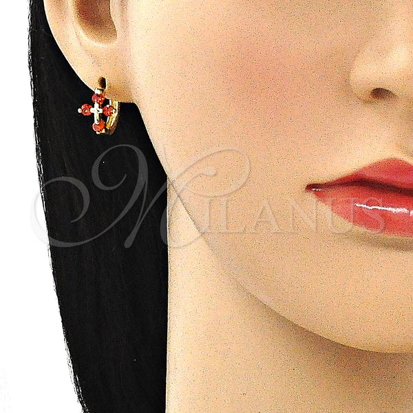 Gold Filled Hoop Earrings — Huggie Hoop Cross Design with Garnet Cubic Zirconia — alternate product view — SKU 146267 | Oro Laminado aretes de aro — Huggie Hoop cruz diseño with Garnet Cubic Zirconia — SKU 146267