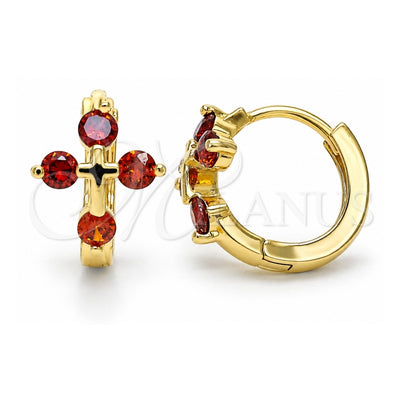 Oro Laminado Huggie Hoop, Gold Filled Style Cross Design, with Garnet Cubic Zirconia, Polished, Golden Finish, 02.210.0645.1.15