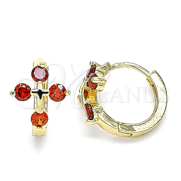 Gold Filled Hoop Earrings — Huggie Hoop Cross Design with Garnet Cubic Zirconia — main product view — SKU 146267 | Oro Laminado aretes de aro — Huggie Hoop cruz diseño with Garnet Cubic Zirconia — SKU 146267