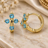 Oro Laminado Huggie Hoop, Gold Filled Style Cross Design, with Aqua Blue Cubic Zirconia, Polished, Golden Finish, 02.210.0645.2.15