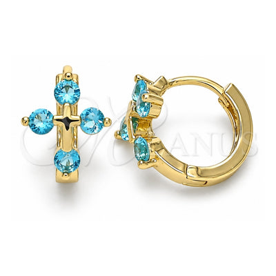 Oro Laminado Huggie Hoop, Gold Filled Style Cross Design, with Aqua Blue Cubic Zirconia, Polished, Golden Finish, 02.210.0645.2.15