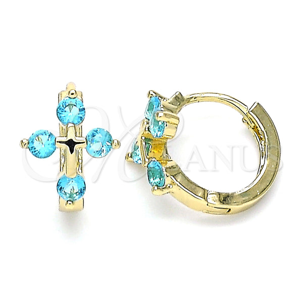 Gold Filled Hoop Earrings — Huggie Hoop Cross Design with Aqua Blue Cubic — main product view — SKU 146268 | Oro Laminado aretes de aro — Huggie Hoop cruz diseño with Aqua Blue Cubic — SKU 146268