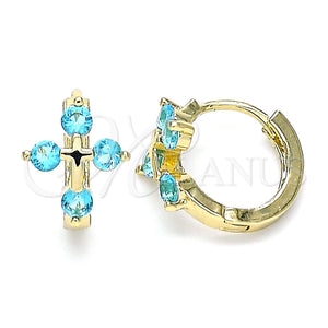 Gold Filled Hoop Earrings — Huggie Hoop Cross Design with Aqua Blue Cubic — main product view — SKU 146268 | Oro Laminado aretes de aro — Huggie Hoop cruz diseño with Aqua Blue Cubic — SKU 146268