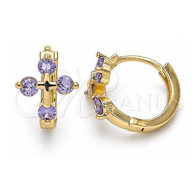 Oro Laminado Huggie Hoop, Gold Filled Style Cross Design, with Amethyst Cubic Zirconia, Polished, Golden Finish, 02.210.0645.3.15
