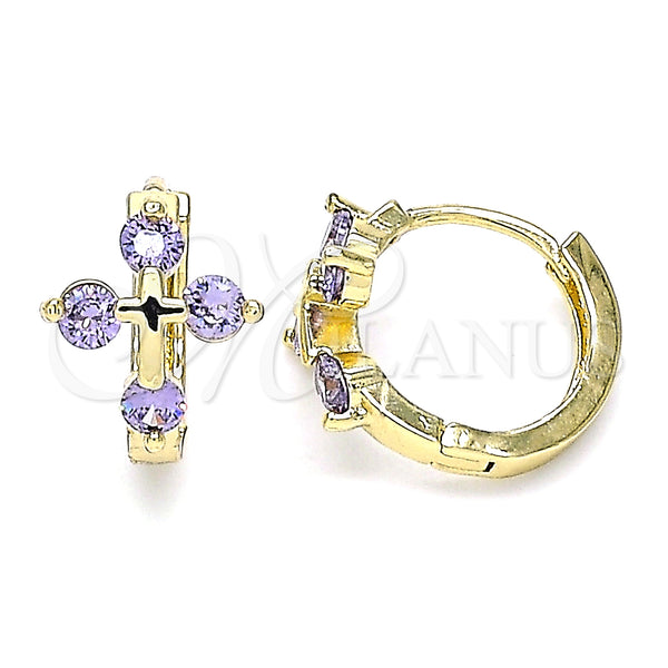 Gold Filled Hoop Earrings — Huggie Hoop Cross Design with Amethyst Cubic Zirconia — main product view — SKU 146269 | Oro Laminado aretes de aro — Huggie Hoop cruz diseño with Amethyst Cubic Zirconia — SKU 146269