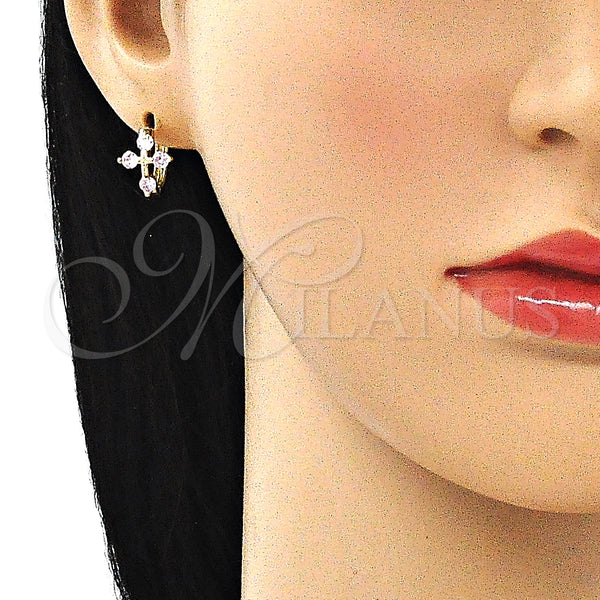 Gold Filled Hoop Earrings — Huggie Hoop Cross Design with Pink Cubic Zirconia — alternate product view — SKU 146270 | Oro Laminado aretes de aro — Huggie Hoop cruz diseño with Pink Cubic Zirconia — SKU 146270
