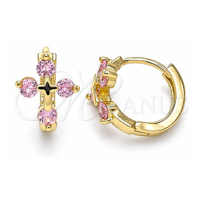 Oro Laminado Huggie Hoop, Gold Filled Style Cross Design, with Pink Cubic Zirconia, Polished, Golden Finish, 02.210.0645.4.15