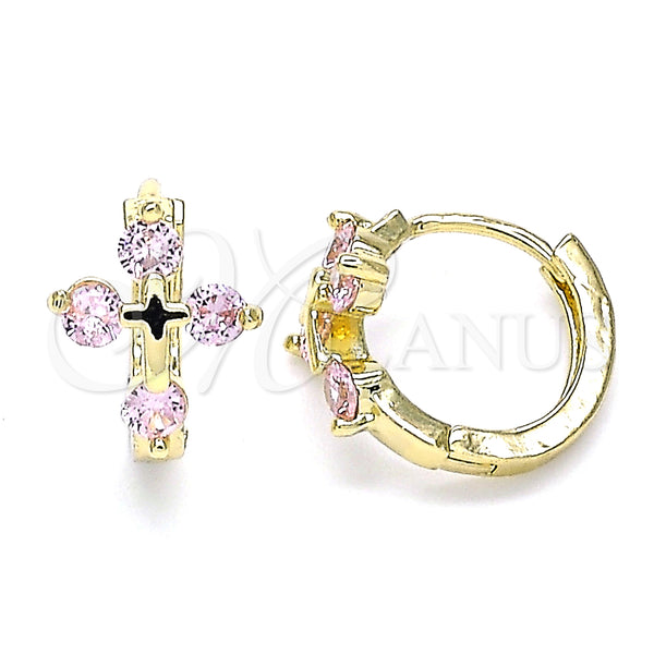 Gold Filled Hoop Earrings — Huggie Hoop Cross Design with Pink Cubic Zirconia — main product view — SKU 146270 | Oro Laminado aretes de aro — Huggie Hoop cruz diseño with Pink Cubic Zirconia — SKU 146270