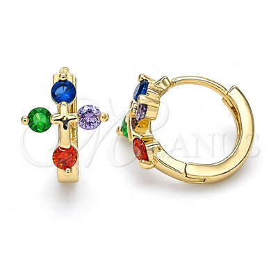 Oro Laminado Huggie Hoop, Gold Filled Style Cross Design, with Multicolor Cubic Zirconia, Polished, Golden Finish, 02.210.0645.5.15