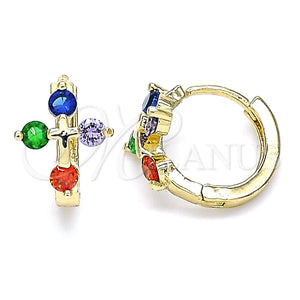Gold Filled Hoop Earrings — Huggie Hoop Cross Design with Multicolor Cubic Zirconia — main product view — SKU 146271 | Oro Laminado aretes de aro — Huggie Hoop cruz diseño with Multicolor Cubic Zirconia — SKU 146271