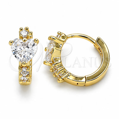 Oro Laminado Huggie Hoop, Gold Filled Style Heart Design, with White Cubic Zirconia, Polished, Golden Finish, 02.210.0647.15