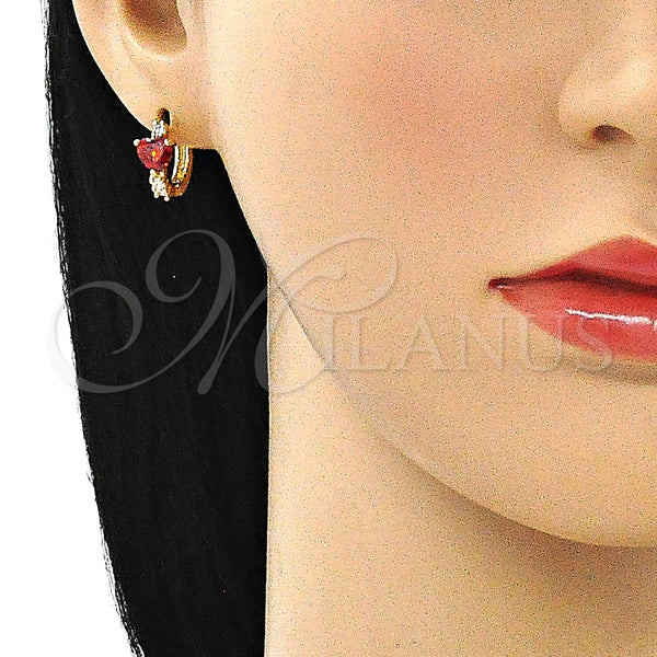 Gold Filled Hoop Earrings — Huggie Hoop Heart Design with Garnet and White — alternate product view — SKU 146278 | Oro Laminado aretes de aro — Huggie Hoop corazón diseño with Garnet and blanco — SKU 146278