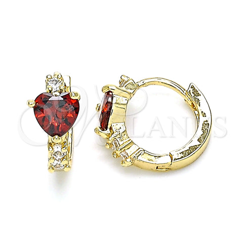 Oro Laminado Huggie Hoop, Gold Filled Style Heart Design, with Garnet and White Cubic Zirconia, Polished, Golden Finish, 02.210.0647.1.15