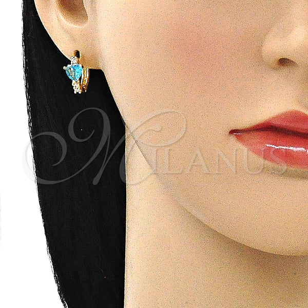 Gold Filled Hoop Earrings — Huggie Hoop Heart Design with Aqua Blue and — alternate product view — SKU 146279 | Oro Laminado aretes de aro — Huggie Hoop corazón diseño with Aqua Blue and — SKU 146279