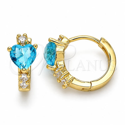 Oro Laminado Huggie Hoop, Gold Filled Style Heart Design, with Aqua Blue and White Cubic Zirconia, Polished, Golden Finish, 02.210.0647.2.15