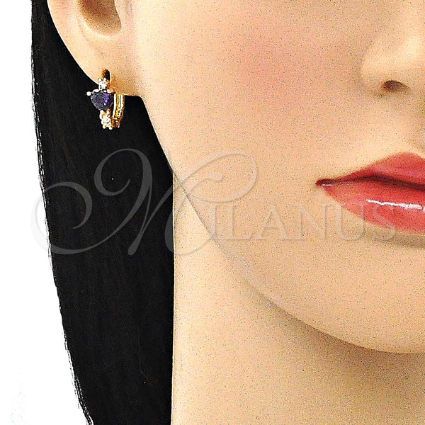 Gold Filled Hoop Earrings — Huggie Hoop Heart Design with Amethyst and White — alternate product view — SKU 146280 | Oro Laminado aretes de aro — Huggie Hoop corazón diseño with Amethyst and blanco — SKU 146280