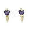 Oro Laminado Huggie Hoop, Gold Filled Style Heart Design, with Amethyst and White Cubic Zirconia, Polished, Golden Finish, 02.210.0647.3.15