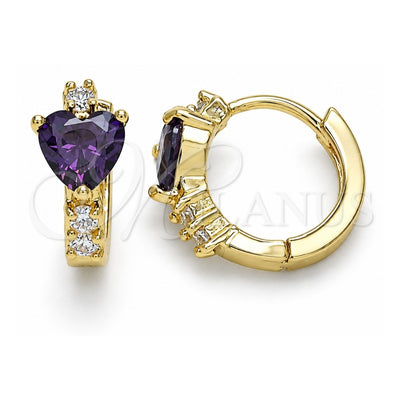 Oro Laminado Huggie Hoop, Gold Filled Style Heart Design, with Amethyst and White Cubic Zirconia, Polished, Golden Finish, 02.210.0647.3.15
